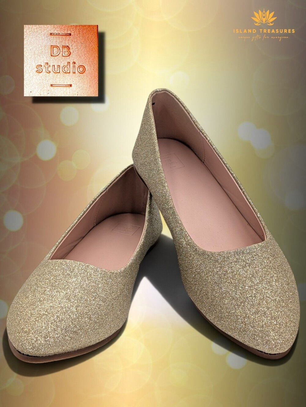 DB Studio Sz 9W Antonia Gold Glitter Pointed Toe Ballet Flats Wide Width Wedding